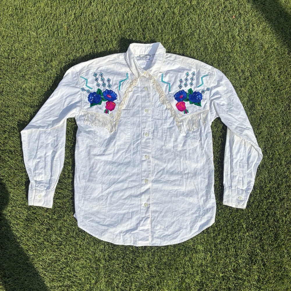 Vintage Side Saddle Mens M White Denim Western Fringe Floral Embroidered Shirt